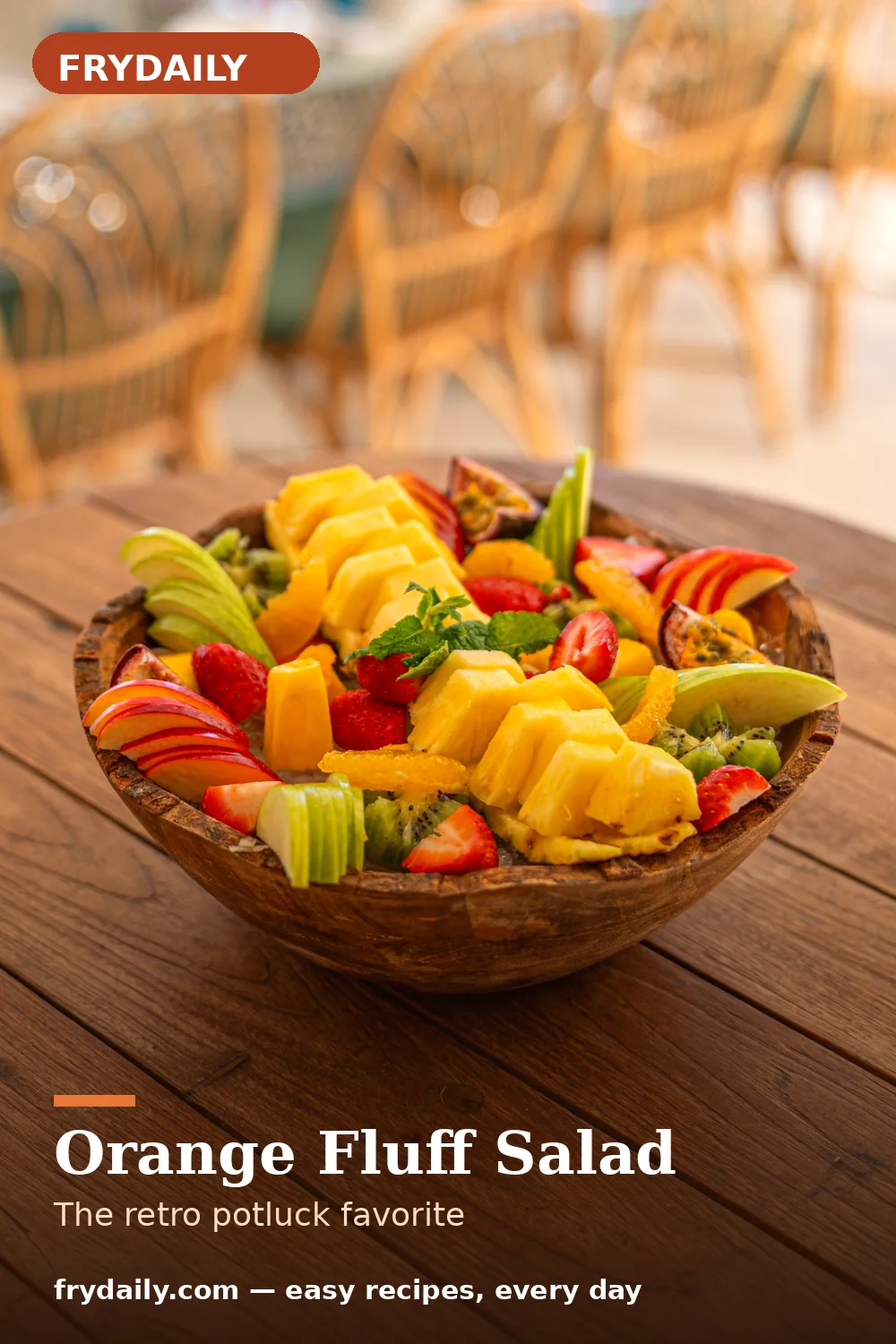 Pinterest pin: Orange Fluff Salad recipe from FryDaily